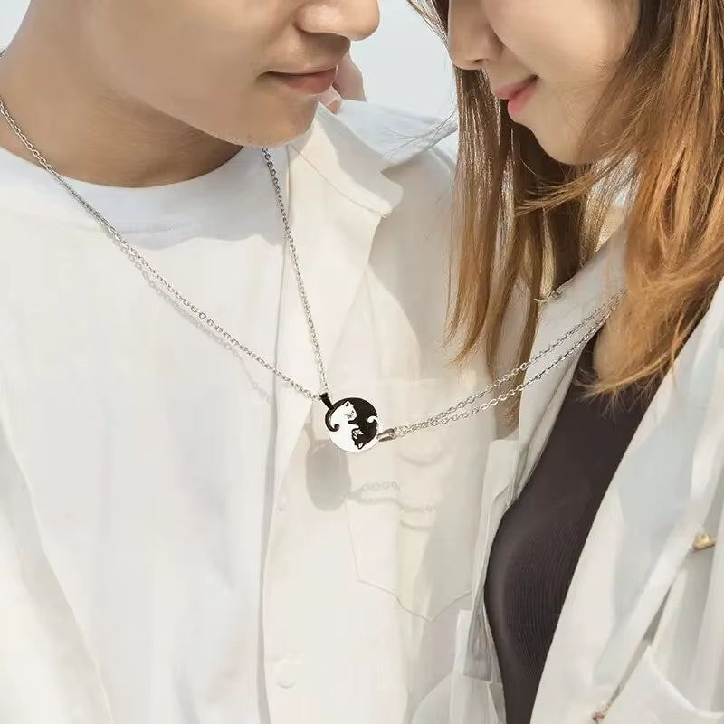 Cute Cat Couple Necklaces Stainless Steel Yinyang Taichi Bring Good Luck Pendant Necklace for Lover Friends Gift Jewelry