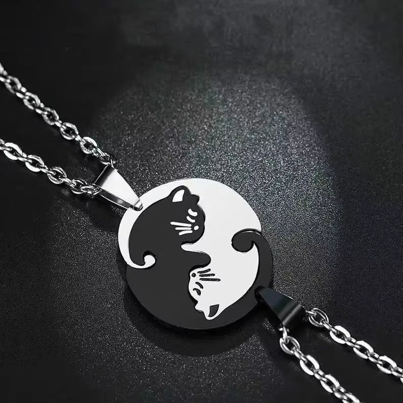Cute Cat Couple Necklaces Stainless Steel Yinyang Taichi Bring Good Luck Pendant Necklace for Lover Friends Gift Jewelry