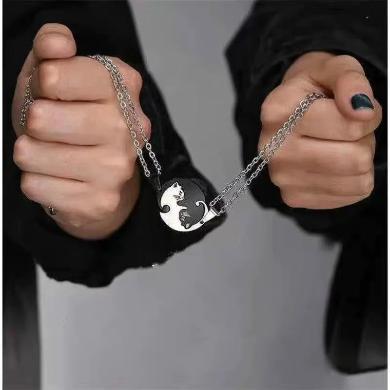 Cute Cat Couple Necklaces Stainless Steel Yinyang Taichi Bring Good Luck Pendant Necklace for Lover Friends Gift Jewelry